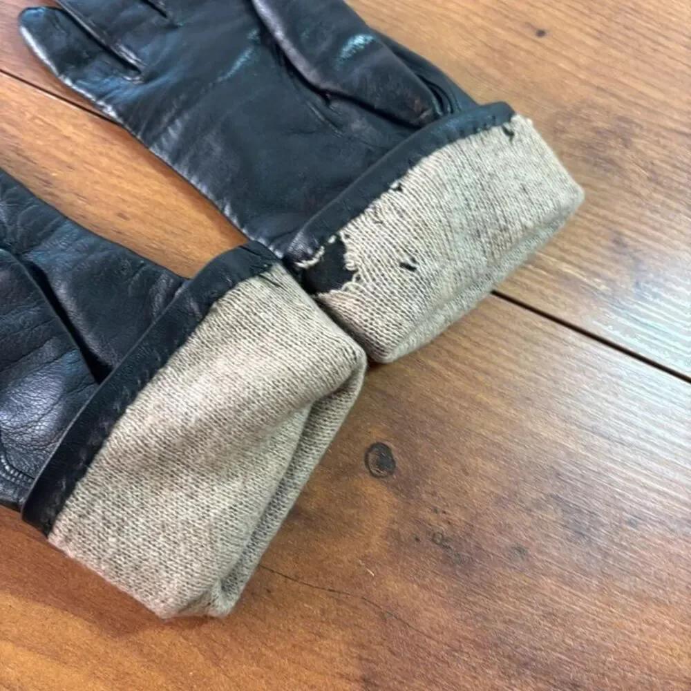 Vintage Atkins Black Leather Gloves 100% Cashmere Lined Italy Size 7